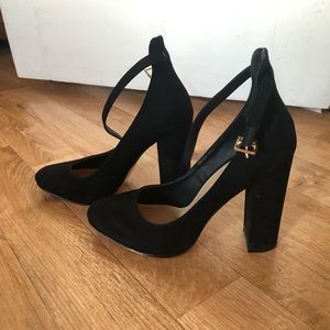Black suede block heels
